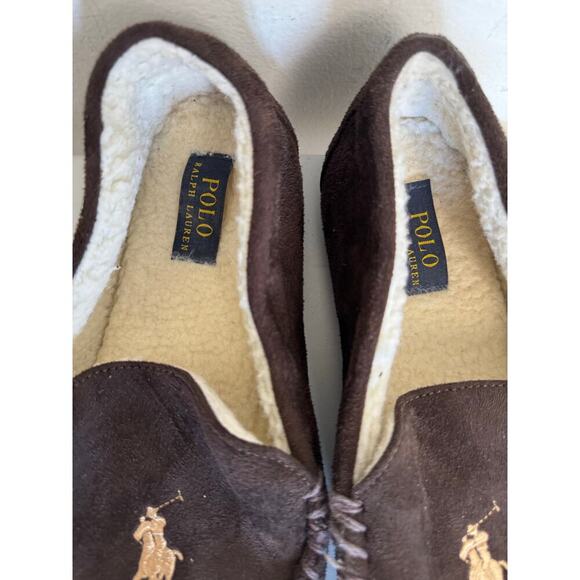 EUC Polo Ralph Lauren Dezi With Gold Polo Pony Brown Men's Fleece slippers SZ 11 - Picture 4 of 8